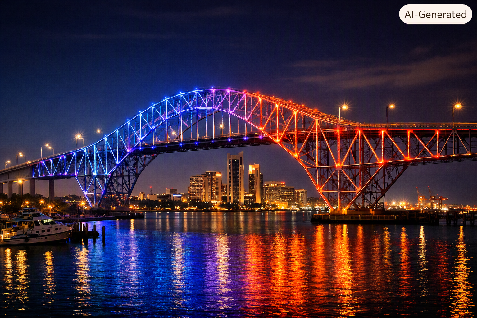 Old Corpus Christi harbor bridge at night.